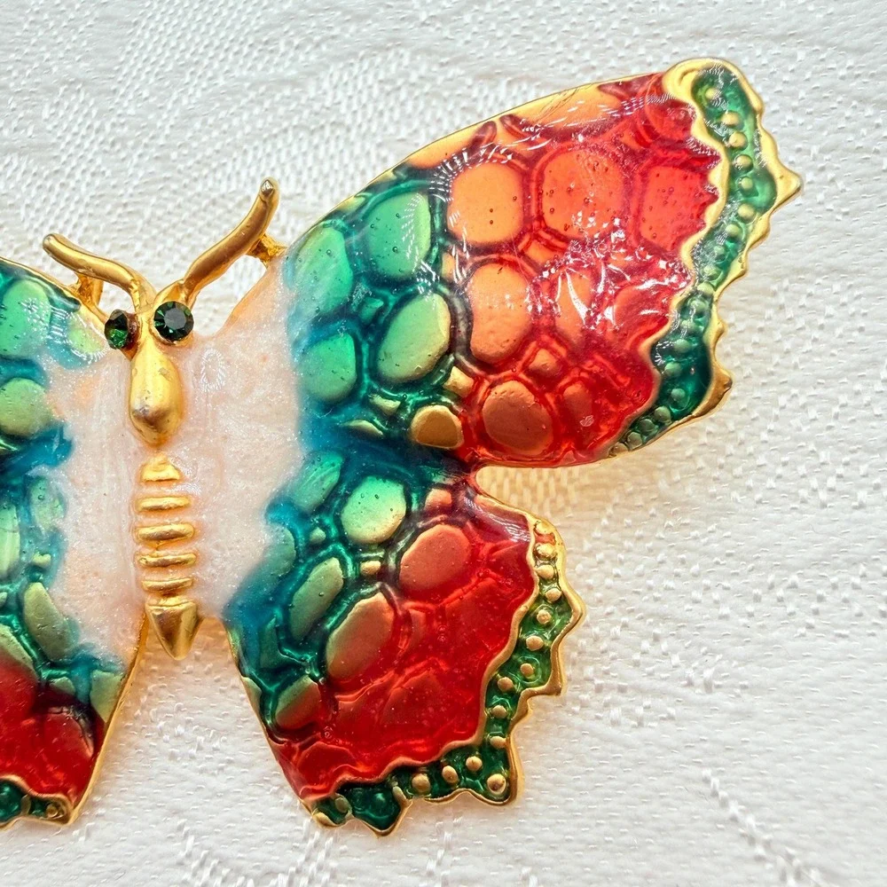 Vintage Orange, Cream, & Green Enamel Gold Tone Butterfly Moth Pin w/ Green Eyes